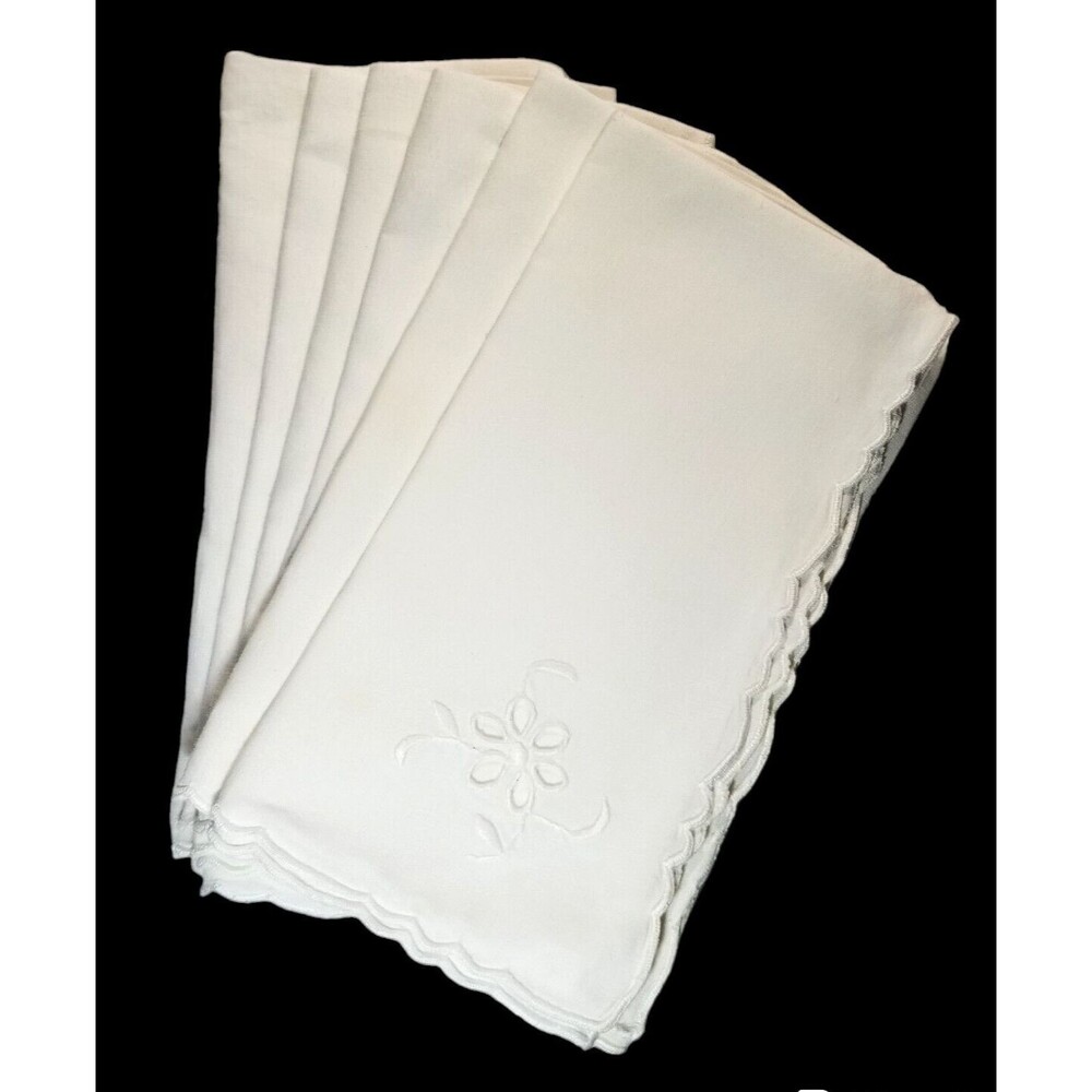 Vintage Fabric Napkins White Floral Cutout Scalloped Edging Embroidered Set of 6